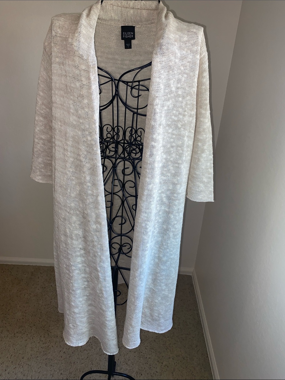 Eileen Fisher Open-Front Long Cream Knit Duster